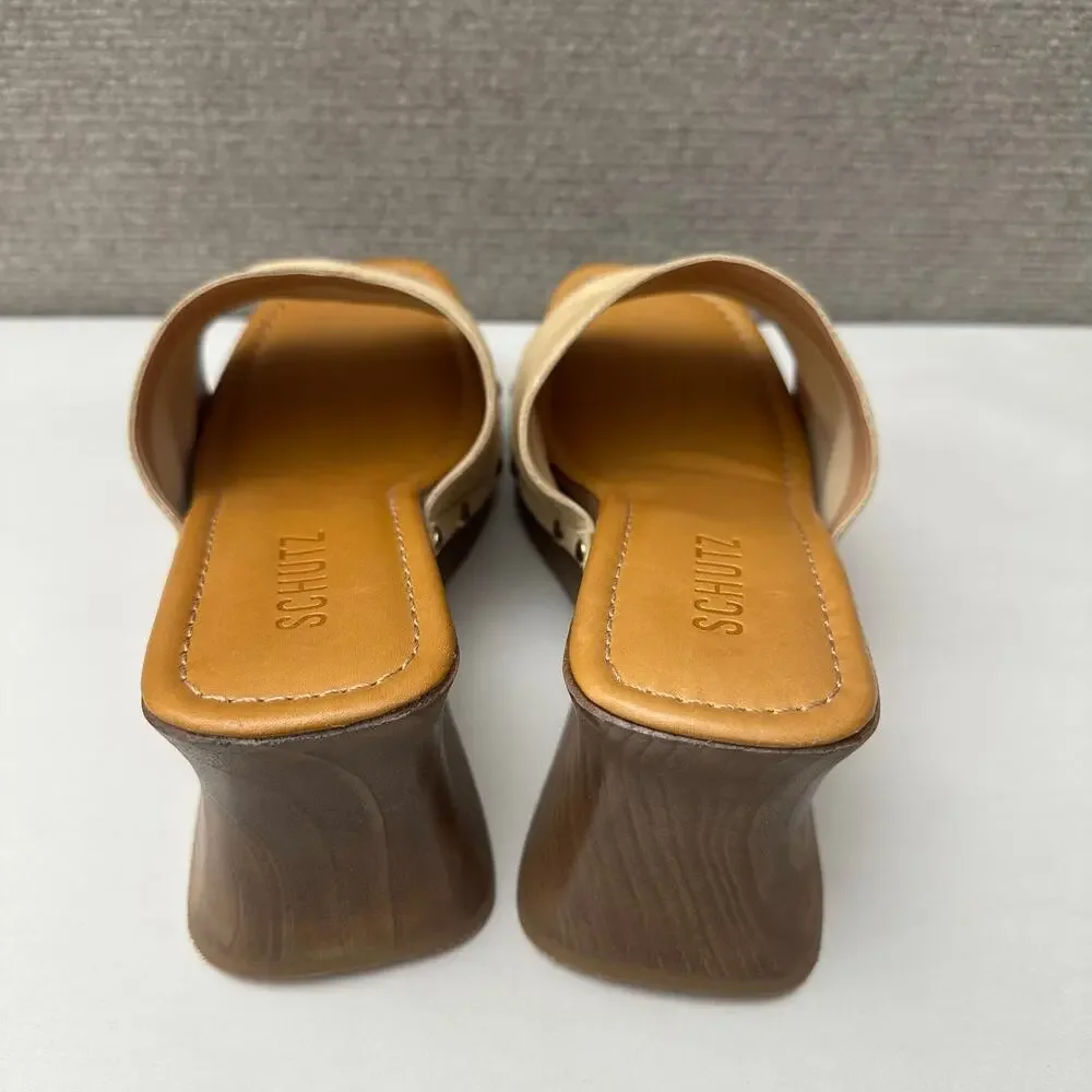 Schutz Lanneh Studded Suede Wood Wedge Platform Slide Sandal Nude Beige Size 8 B